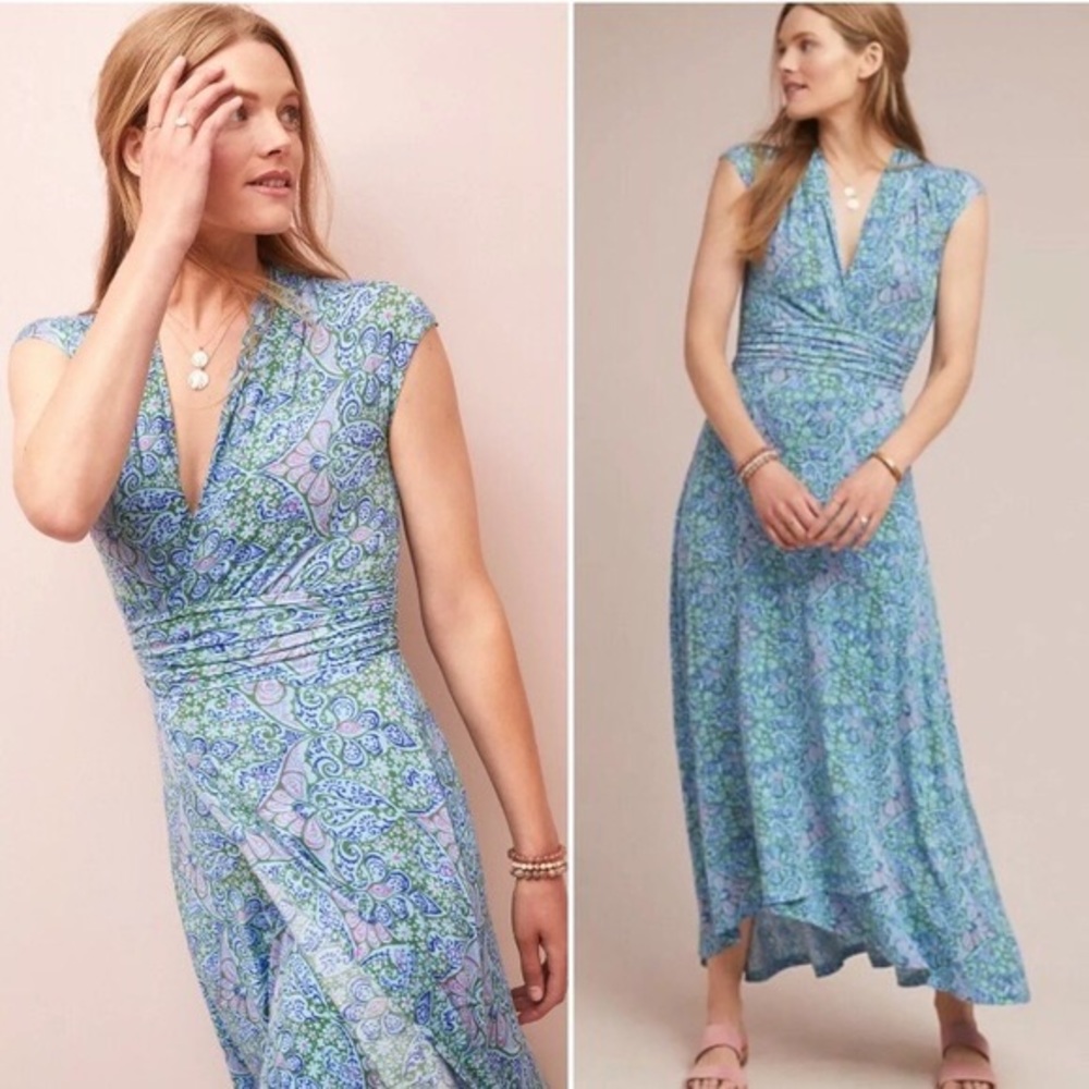 Maeve Anthropologie Women XL Blue Paisley High Low Faux Wrap Bristol Maxi Dress